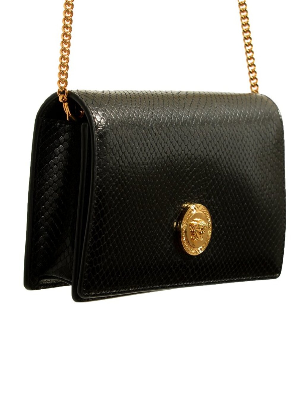 Versace Black 100%Leather Snake Skin Print Gold Medusa Chain Clutch Shoulder Bag - Picture 4 of 8
